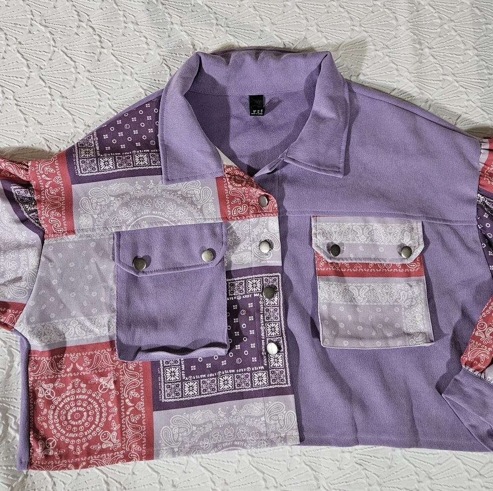 Patchwork Bandana Crop Shirt Jacket in Lavender and Red Size XL